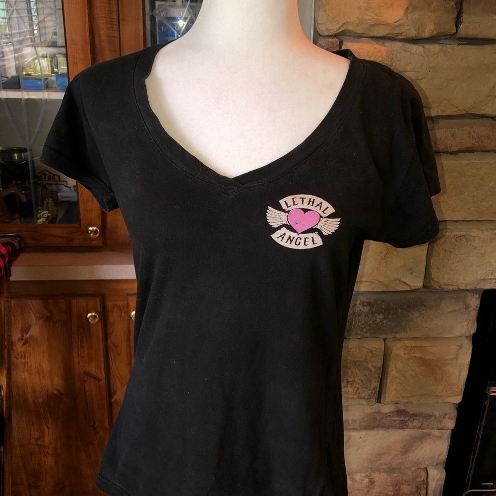 Lethal Angel short sleeve v/neck skull biker with bling large